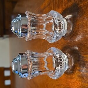 Vintage Fostoria Crystal Salt Pepper Shakers Chrome Lids